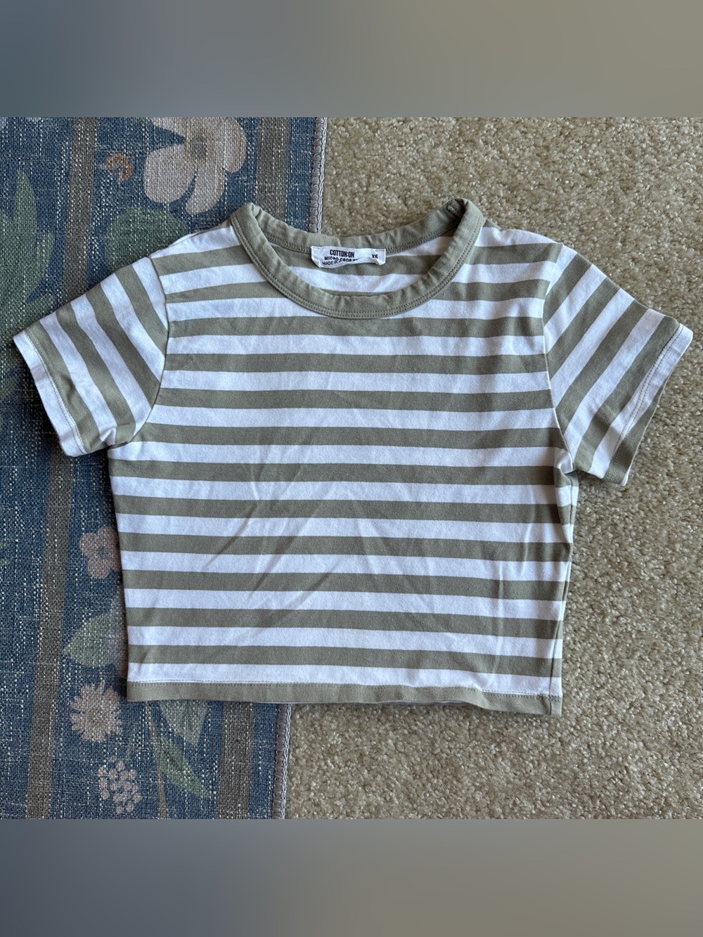 Cotton On Olive & White Striped Short Sleeve Crop Baby Tee